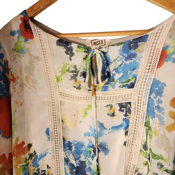 Flowy Oversized Floral Peasant Milkmaid Blouse w/Lace Trim & Tie Neck Sz. S - Picture 2 of 6